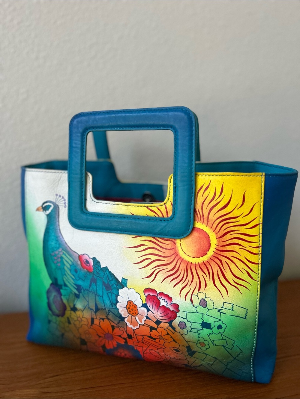 Hand Painted Peacock Graffiti Sun Leather Satchel/Tote/Crossbody; Matching Bag